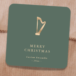 Elegant Gold Music Harp Christmas Green Square Sticker