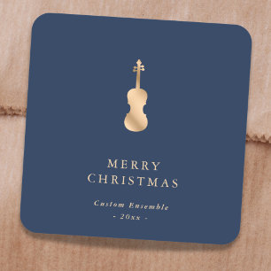 Elegant Gold Music Violin Christmas Blue Square Sticker