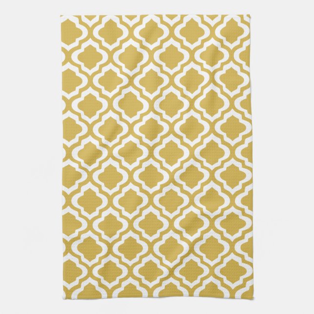 Elegant Gold Mustard Moroccan Quatrefoil Clover Tea Towel (Vertical)