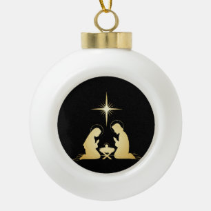Elegant Gold Nativity Scene Modern Christian Ceramic Ball Christmas Ornament