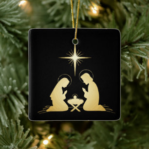 Elegant Gold Nativity Scene Modern Christian Ceramic Ornament