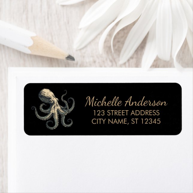 Elegant Gold Nautical Octopus Return Address      (Insitu)
