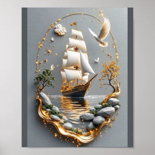 Elegant Gold Nautical Ship Poster- Luxury Wall art