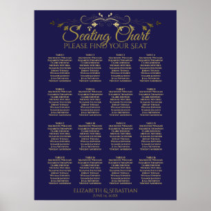 Elegant Gold & Navy 16 Table Wedding Seating Chart