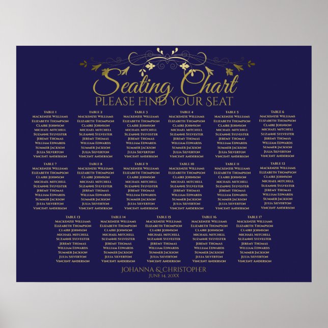 Elegant Gold & Navy 17 Table Wedding Seating Chart (Front)