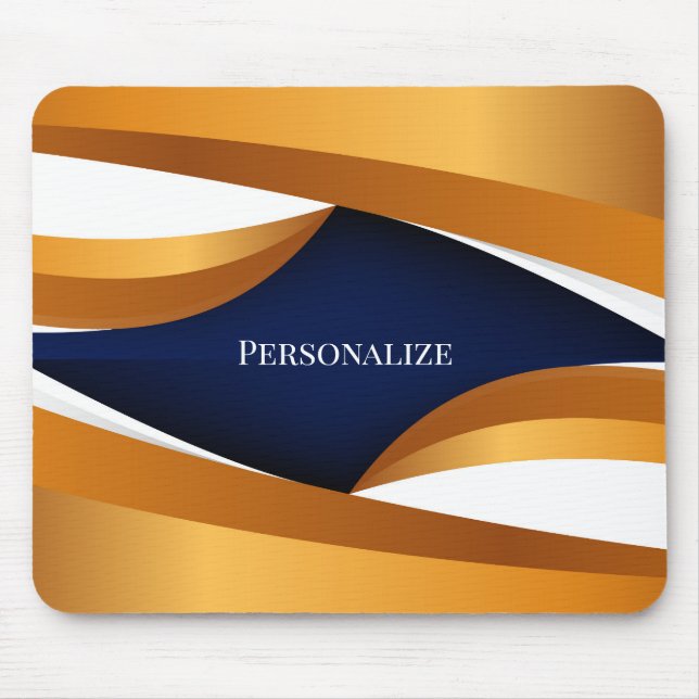 Elegant Gold & Navy Abstract Wave Personalise Mouse Pad (Front)