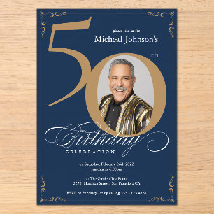 Elegant Gold Navy Blue 50th Birthday Acrylic Invitations