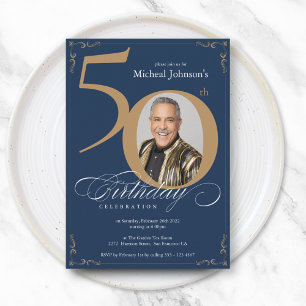 Elegant Gold Navy Blue 50th Birthday  Invitation