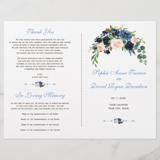 Elegant Gold Navy Blue Blush Flowers Bloom Program Flyer (Front)