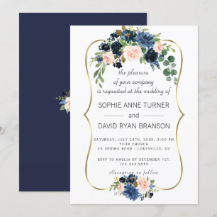 Elegant Gold Navy Blue Blush Flowers Bloom Wedding Invitation