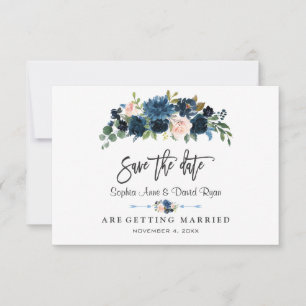 Elegant Gold Navy Blue Blush Flowers Handwriting Save The Date