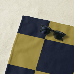 Elegant Gold & Navy Blue Chequered Pattern Beach Towel