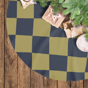 Elegant Gold & Navy Blue Chequered Pattern Brushed Polyester Tree Skirt