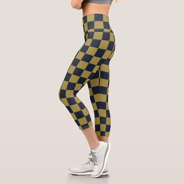 Elegant Gold & Navy Blue Chequered Pattern Capri Leggings (Left)