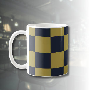 Elegant Gold & Navy Blue Chequered Pattern Coffee Mug