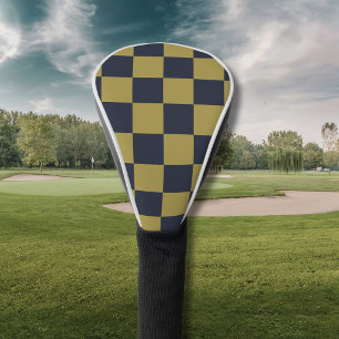 Elegant Gold & Navy Blue Chequered Pattern Golf Head Cover