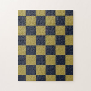 Elegant Gold & Navy Blue Chequered Pattern Jigsaw Puzzle