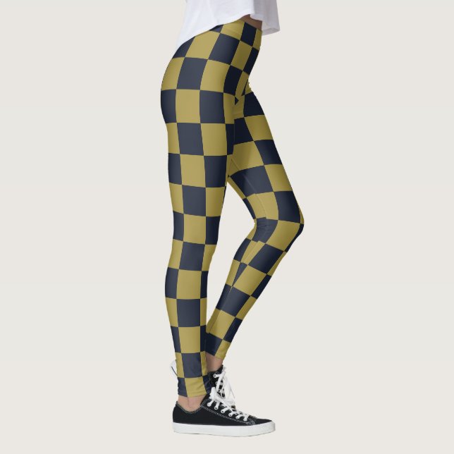 Elegant Gold & Navy Blue Chequered Pattern Leggings (Right)