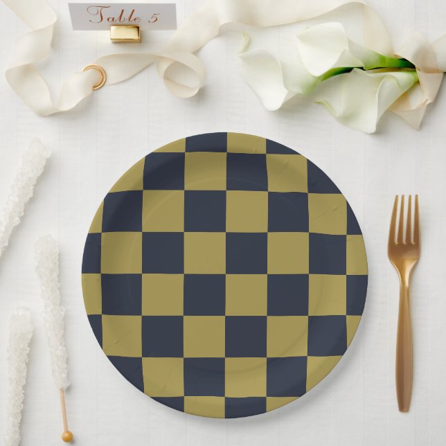 Elegant Gold & Navy Blue Chequered Pattern Paper Plate (Wedding)