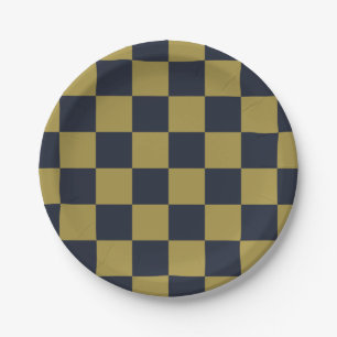 Elegant Gold & Navy Blue Chequered Pattern Paper Plate