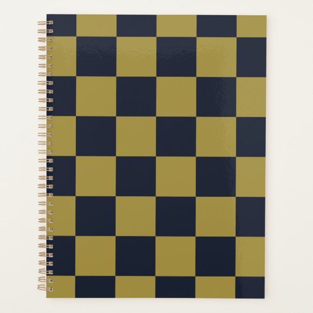 Elegant Gold & Navy Blue Chequered Pattern Planner (Front)