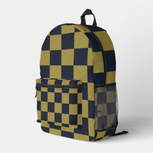 Elegant Gold & Navy Blue Chequered Pattern Printed Backpack