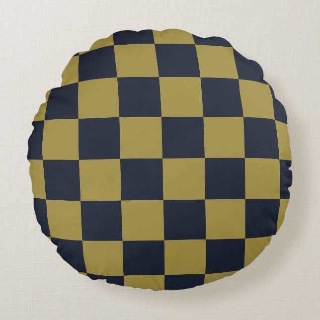 Elegant Gold & Navy Blue Chequered Pattern Round Cushion (Front)
