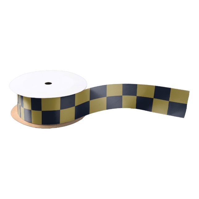 Elegant Gold & Navy Blue Chequered Pattern Satin Ribbon (Spool)