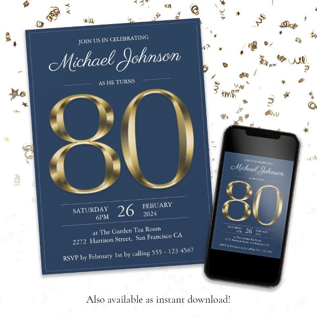 Elegant Gold Navy Blue Classy 80th Birthday Party Invitation (80th Eightieth Gold Text Navy Blue Classy Birthday Invitation)