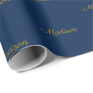 Elegant gold navy blue custom script name birthday wrapping paper