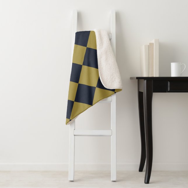 Elegant Gold & Navy Blue Diamond Pattern Sherpa Blanket (In Situ)