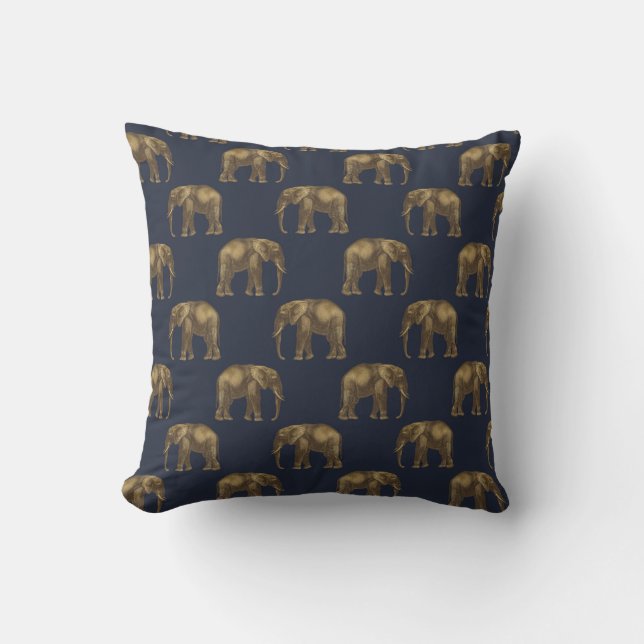 Elegant Gold Navy Blue Elephant Print Cushion (Front)