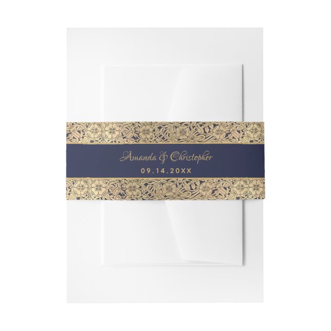 Elegant Gold Navy Blue Floral Roses Script Wedding Invitation Belly Band (Front Example)