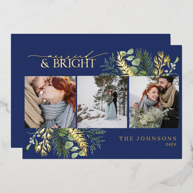 Elegant Gold Navy Blue Married & Bright Photo (Front/Back)