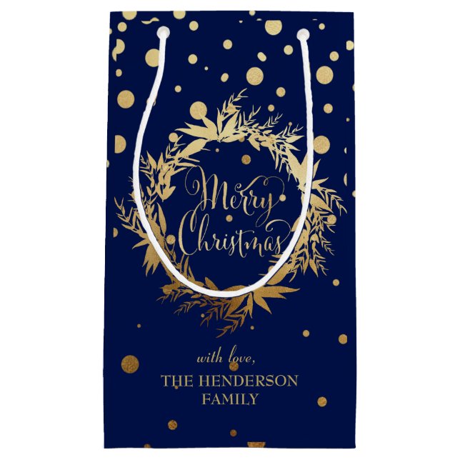 Elegant Gold Navy Blue Merry Christmas Wreath Small Gift Bag (Front)