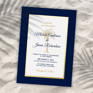 Elegant Gold Navy Blue Palm Tree Tropical Wedding