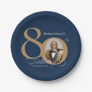Elegant Gold Navy Blue Photo 80th Birthday Paper Plate