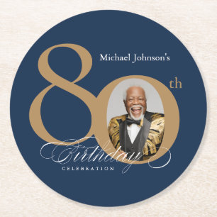 Elegant Gold Navy Blue Photo 80th Birthday Round Paper Coaster