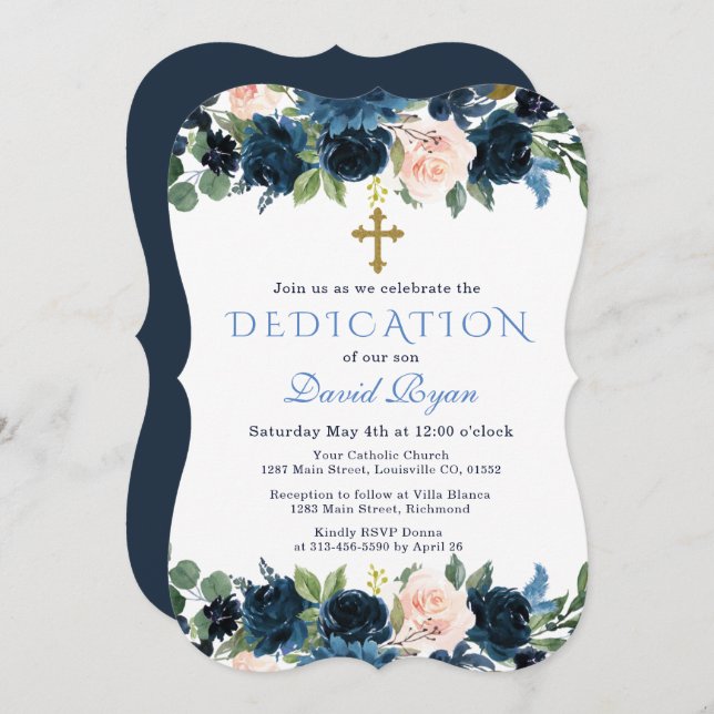 Elegant Gold Navy Blue Pink Floral Dedication Invitation (Front/Back)