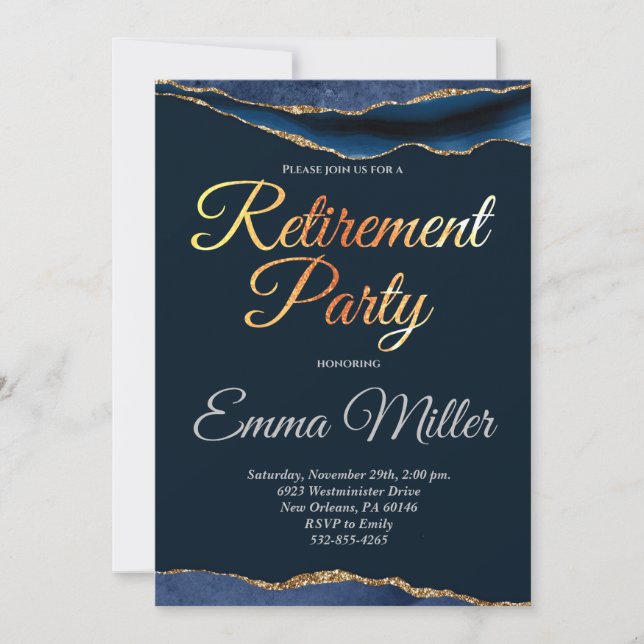 Elegant Gold Navy Blue Retirement Party Invitation (Front)