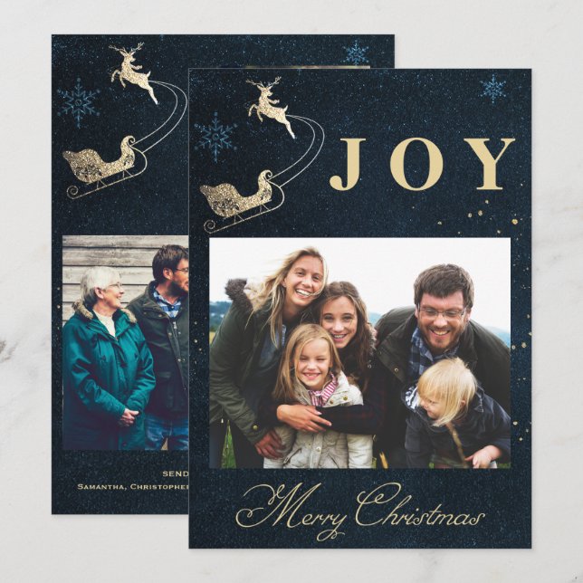 Elegant Gold Navy Blue Sky Photo Family Christmas Holiday Card (Front/Back)