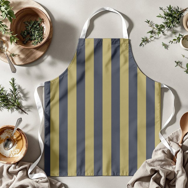 Elegant Gold & Navy Blue Vertical Stripes Apron (Creator Uploaded)