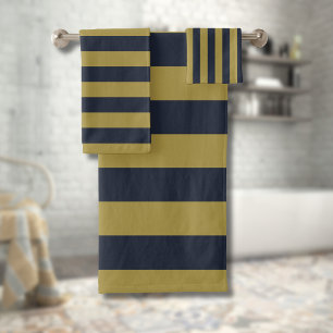 Elegant Gold & Navy Blue Vertical Stripes Bath Towel Set