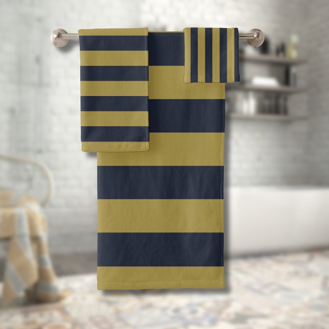 Elegant Gold & Navy Blue Vertical Stripes Bath Towel Set (Creator Uploaded)