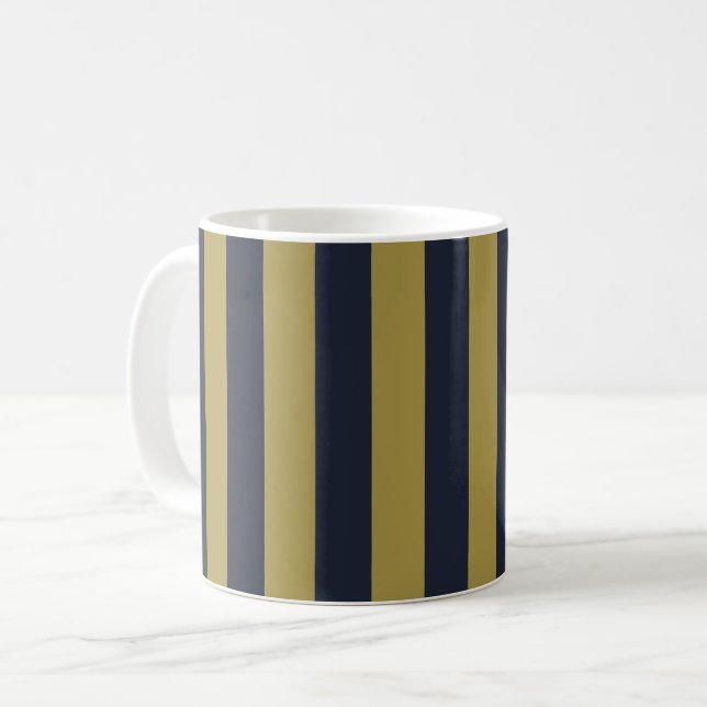 Elegant Gold & Navy Blue Vertical Stripes Coffee Mug (Front Left)