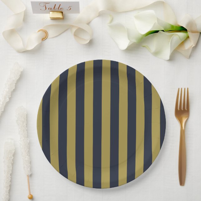 Elegant Gold & Navy Blue Vertical Stripes Paper Plate (Wedding)