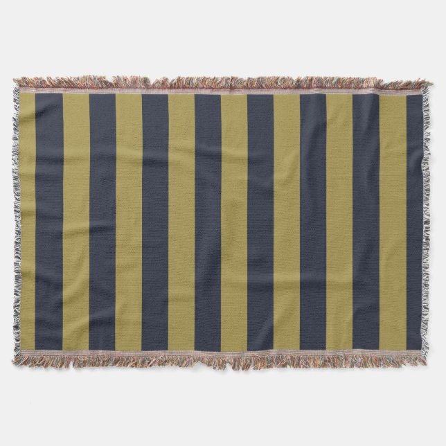 Elegant Gold & Navy Blue Vertical Stripes Throw Blanket (Front)
