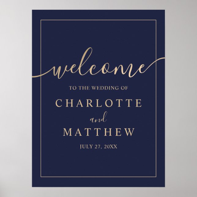 Elegant Gold & Navy Blue Welcome Wedding Poster (Front)