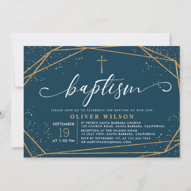 Elegant Gold & Navy Boy Baptism Invitation (Front)