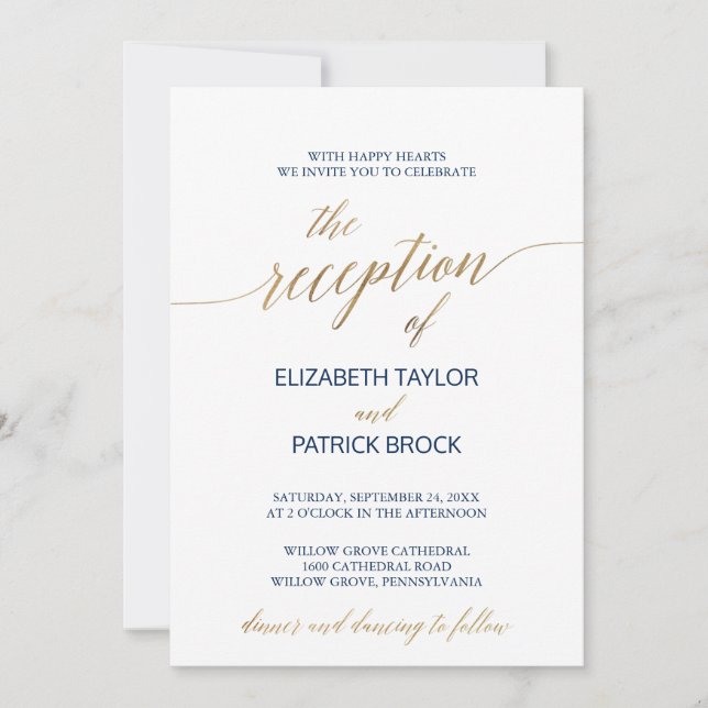 Elegant Gold & Navy Calligraphy Reception Details Invitation (Front)